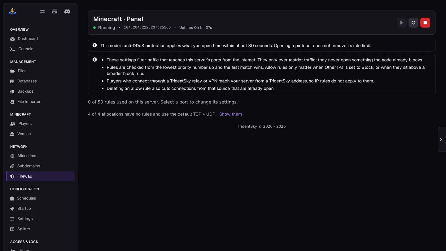Per-port anti-DDoS filtering, applied in about 30 seconds